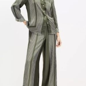 LOFT Striped Olive Green Women's CASUAL SET. Shirt Is Med Petite Pants Large